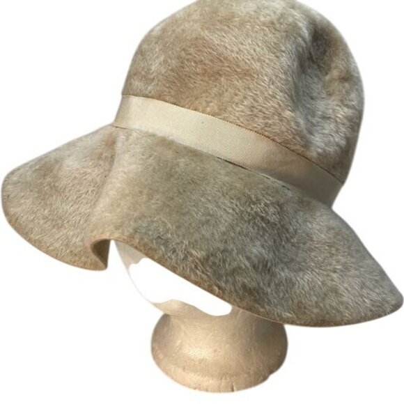 Vintage Sovereign Tan Fur Felt Floppy Hat  Ribbon Bow Boho Grannycore - Picture 2 of 7